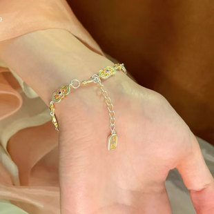 足银9999纯银手链女珐琅彩花满筑描金葫芦国风新中式国潮手饰