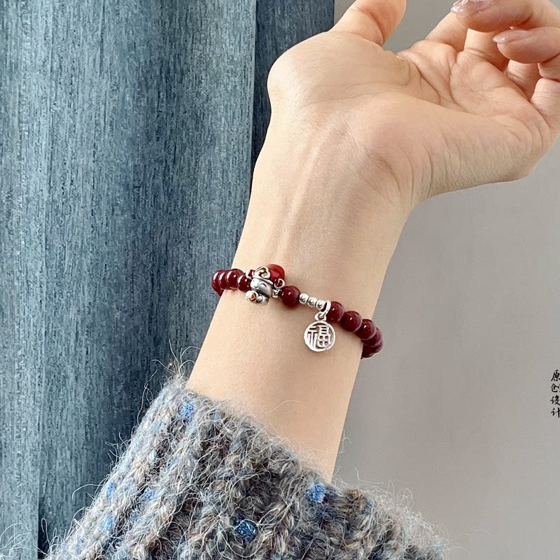 999纯银小财神手链男女士款天然新中式本命年朱砂手串福字提溜