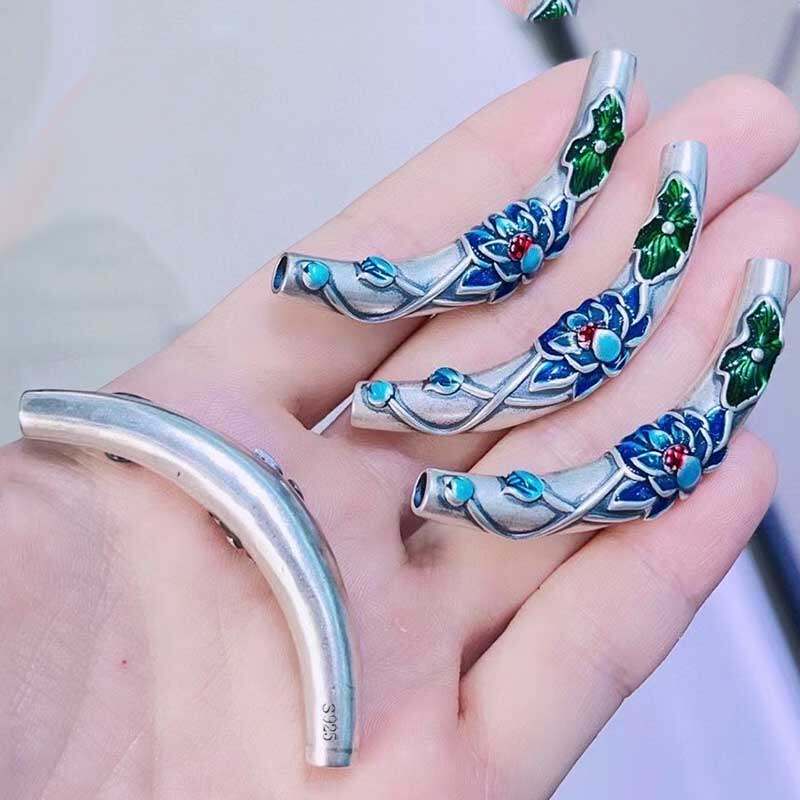 纯银珐琅彩弯管吊坠国潮复古月牙荷叶莲花银管配饰锁骨项链女坠子