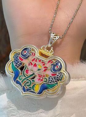 9999纯银莲花鱼吊坠珐琅彩古法银鱼戏莲吊坠项链女款送妈妈礼物