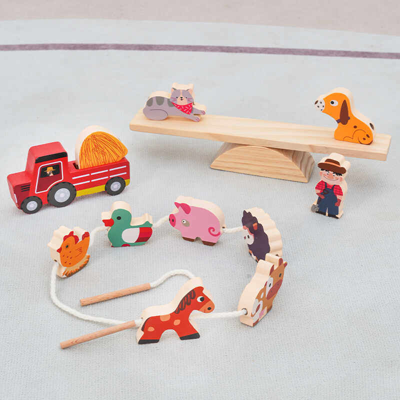 儿童木制农场拼装积木搭建 可爱动物形状配对串珠游戏男女孩3-6岁