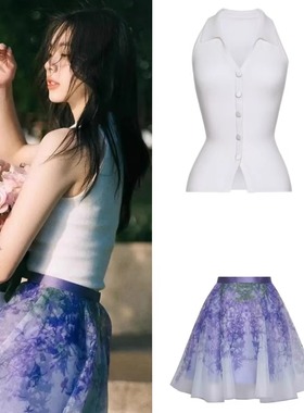 泰国潮牌小众设计白色无袖针织上衣印花短裙套装