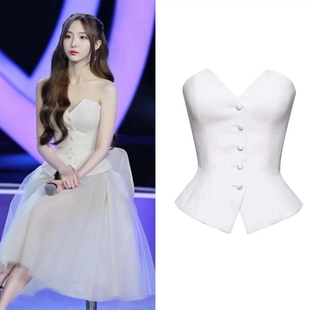 泰国潮牌小众设计白色V领抹胸马甲鱼骨露肩上衣