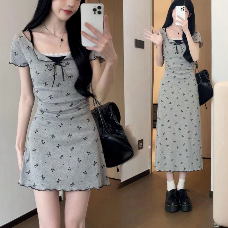 灰色波点蝴蝶结假两件连衣裙 2025女新款夏季小个子显瘦包臂短裙