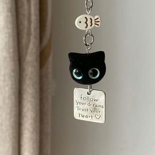 小黑猫可爱植绒钥匙扣手机链包包挂件钥匙扣挂饰百搭简约挂绳