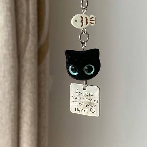 小黑猫可爱植绒钥匙扣手机链包包挂件钥匙扣挂饰百搭简约挂绳