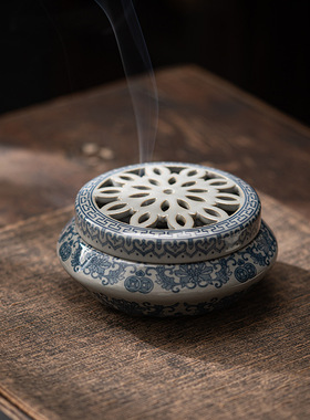 青花香炉 古陶泥陶瓷工艺品熏香摆件倒流香薰炉创意家居香插香道
