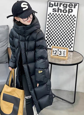 反季促销新款儿童长款黑色加厚羽绒服冬季过膝男女童小火山白鸭绒