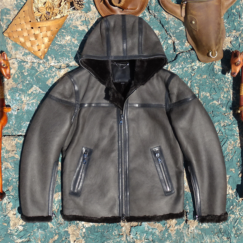 出口3631刀！轻薄土耳其进口原生态羊皮毛一体真皮皮衣男连帽时尚