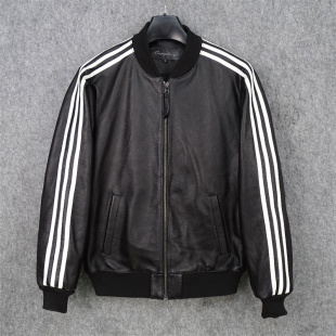 棒球服 显瘦时尚 三条杠小贝同款 自然摔纹头层牛皮真皮皮衣男修身