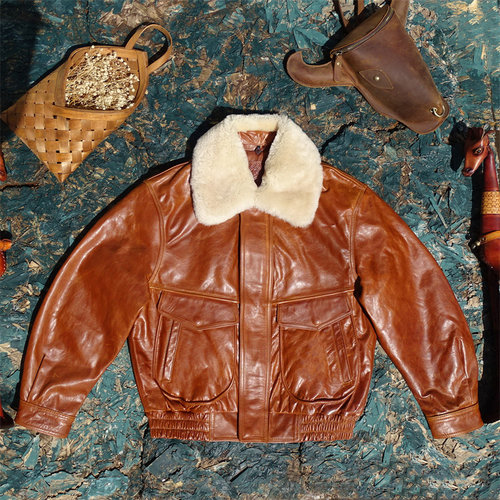 蜜蜡色油蜡马皮大廓形毛领羽绒