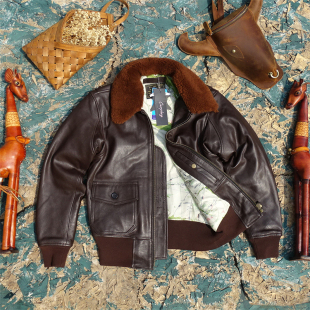 羊膻味处理 G1可拆毛领飞行服结实半植鞣小山羊皮真皮皮衣男 美版