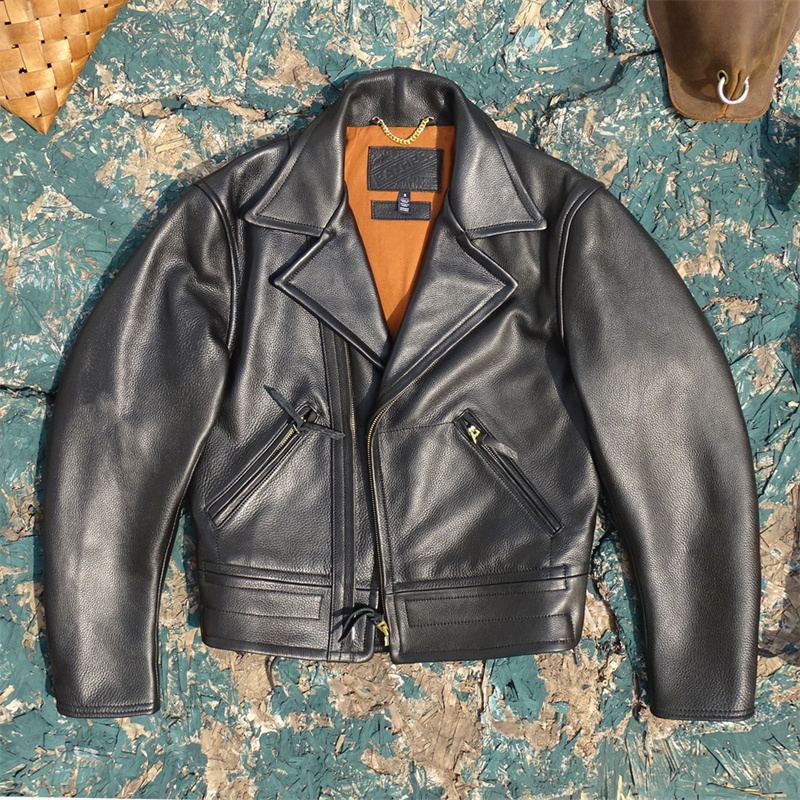 须山哲也款翻领斜拉链机车夹克四速骑警1.4mm重磅牛皮真皮皮衣男