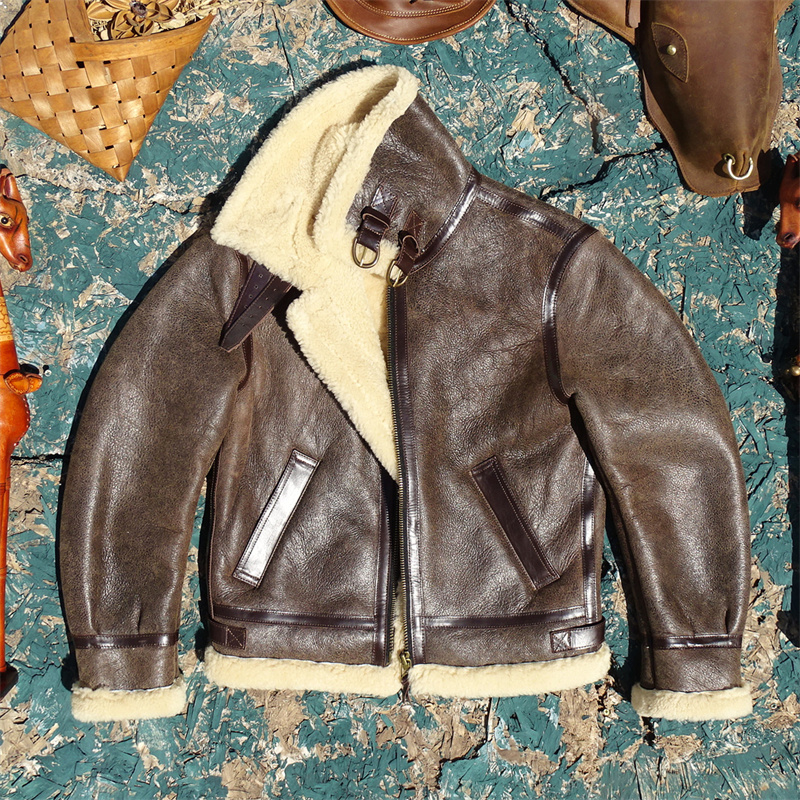 做旧浅棕色皮面+奶油毛!羊皮毛一体真皮皮衣男B6保暖御寒飞行服