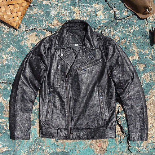 乌面压纹粗狂大纹理轻薄头层牛皮真皮皮衣男斜拉链修身显瘦机车款