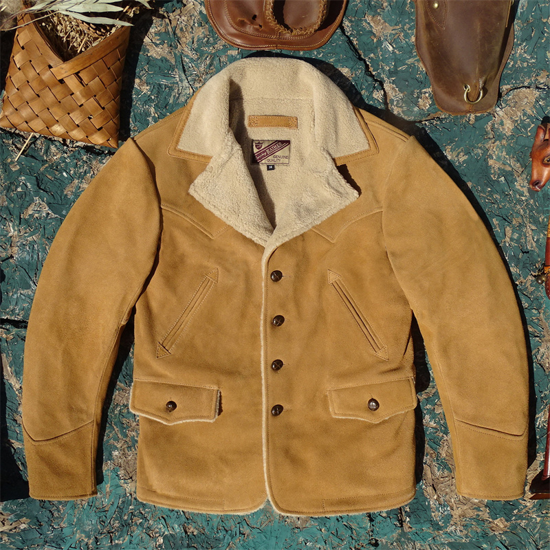 美式复古农场主！中长款大衣绒面牛皮真皮皮衣男羊羔毛内里保暖款