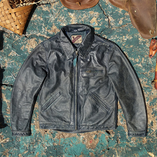 底特律款！酵素洗旧蓝水洗做旧牛皮真皮皮衣男美式工装翻领皮夹克