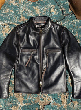 J100款！1.3mm黄茶芯擦色做旧马皮真皮皮衣男立领修身显瘦皮夹克