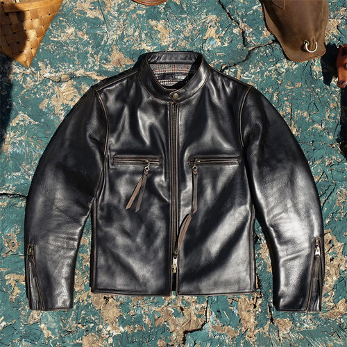 J100款！1.3mm黄茶芯擦色做旧马皮真皮皮衣男立领修身显瘦皮夹克