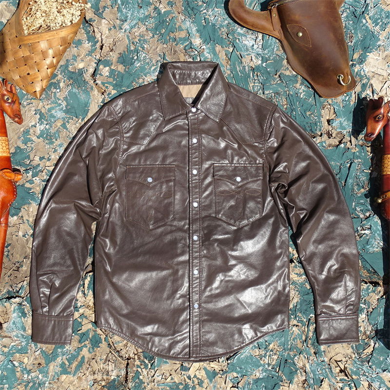 超薄0.4mmYKK珠面扣子意大利进口闭绒小山羊皮真皮皮衣男衬衫款