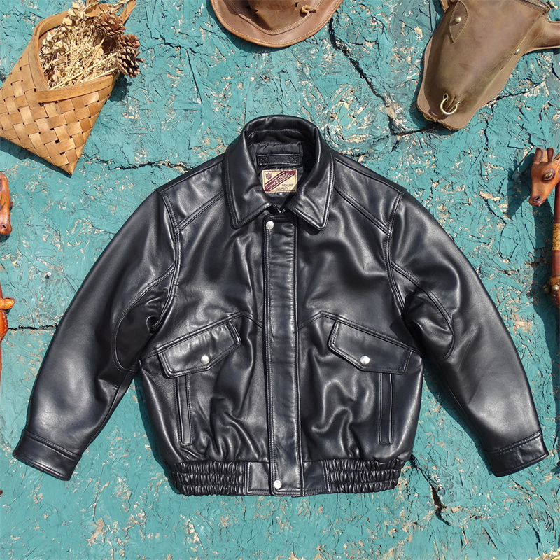 日版潮流！中性复古廓型版男女通穿情侣港风法国厚绵羊皮真皮皮衣