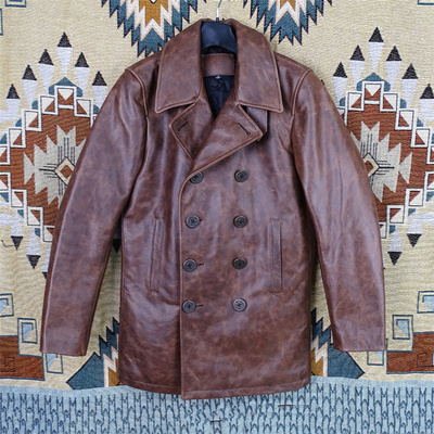 加棉款进口硬蜡染牛皮740款双排扣风衣超厚重真皮皮衣男商务长款