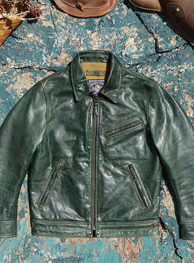 穆赫兰道原版！植鞣蜡染无涂油绿色小幼马皮真皮皮衣男翻领修身款