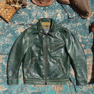 款 穆赫兰道原版 植鞣蜡染无涂油绿色小幼马皮真皮皮衣男翻领修身