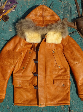 N3B中长款连帽保暖原生态头层羊皮毛一体真皮皮衣男镶貉子毛帽子