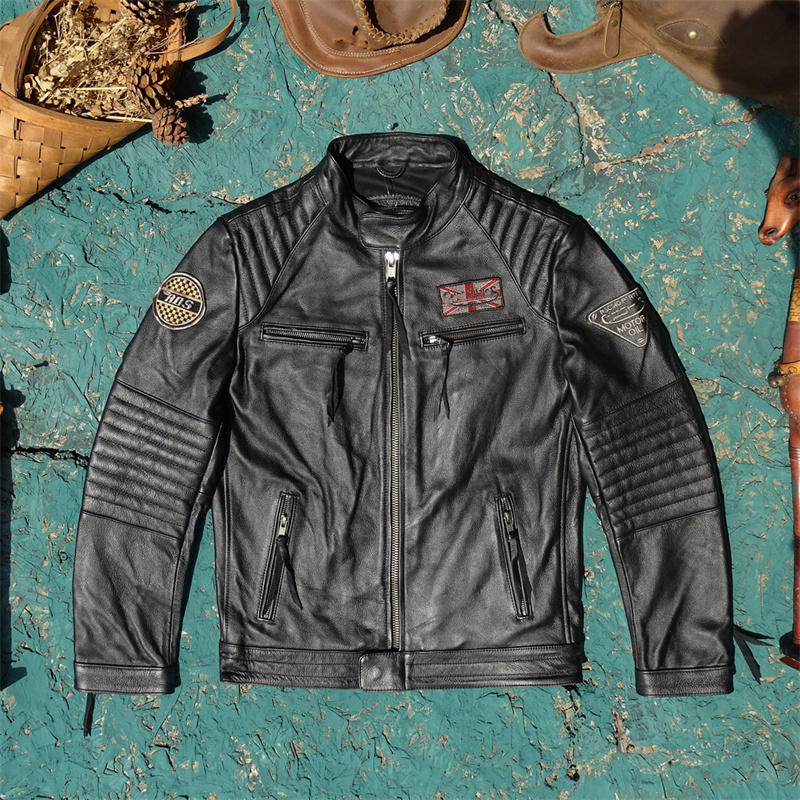 哈*家经典机车款!立领多标头层牛皮真皮皮衣男摩托服皮夹克