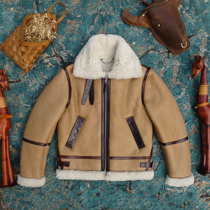 绒面沙色羊皮毛一体B6飞行服款