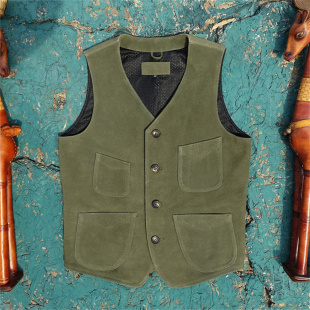 墨绿色绒面牛皮真皮皮衣男四口袋马甲美式 复古阿美咔叽风