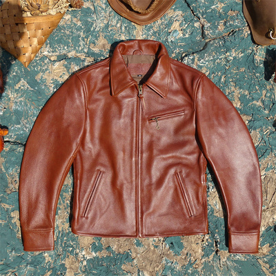 厚实1.3mm软糯进口头层牛皮真皮皮衣男1930S经典翻领皮夹克机车服