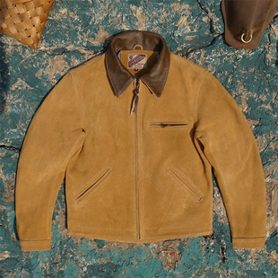 翻领皮夹克 工装 底特律新款 绒面烟草色牛皮真皮皮衣男美式
