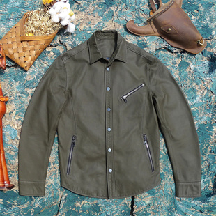 美式摩登都市衬衣!乌面橄榄绿色进口绵羊皮美奢设计师真皮衬衫