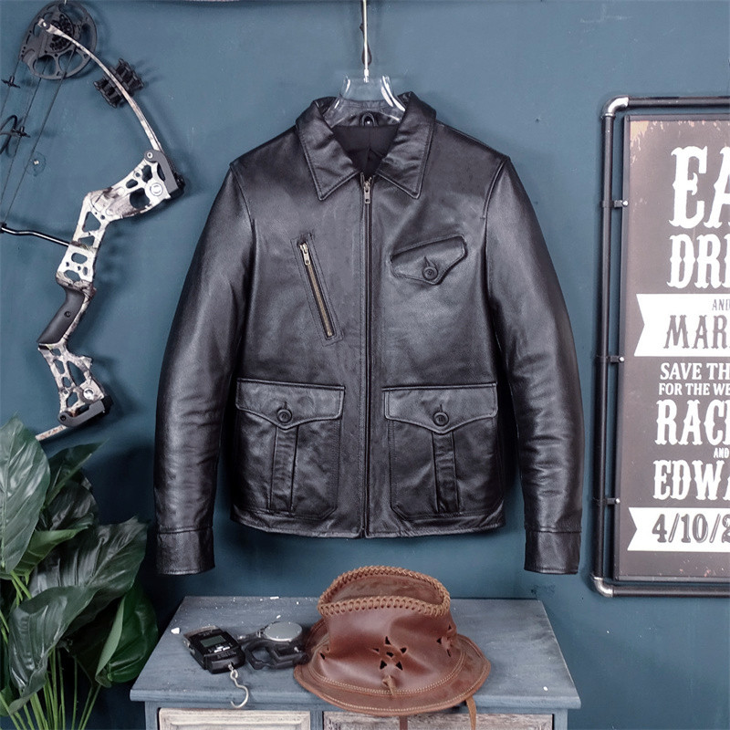 多口袋curphey真皮皮衣翻领