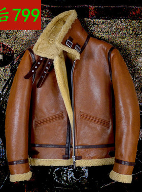 限时799！棕色进口羊皮皮毛一体男B3加厚保暖复古经典真皮皮衣男