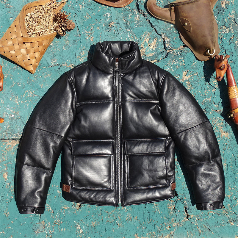 加厚冬季款复古男士黑色绵羊皮真皮皮衣羽绒服鸭绒短款立领保暖