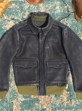 Eastman大逃亡A2飞行服灰蓝色石磨做旧牛皮真皮皮衣男短款皮夹克