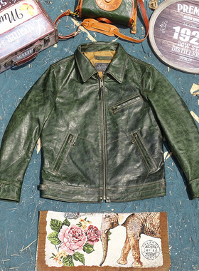 穆赫兰道原版！植鞣蜡染无涂油绿色小幼马皮真皮皮衣男翻领修身款