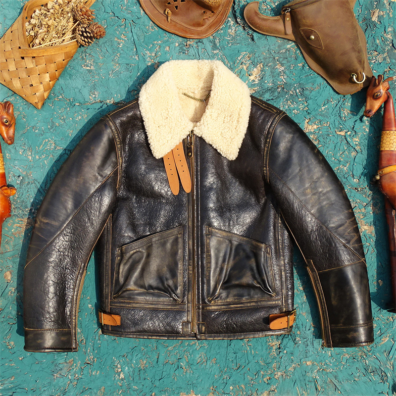 战损风补丁款进口A级原生态羊皮毛一体真皮皮衣男复古皮保暖夹克