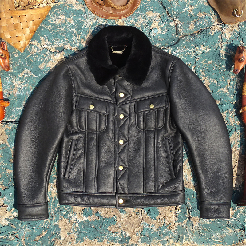 柔软修身小羊皮毛一体皮衣男短款修身显瘦风暴骑士牛仔款保暖御寒