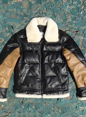 B3款羽绒服拼白色羊皮毛一体日本兵库金属光泽植鞣牛皮保暖舒适款