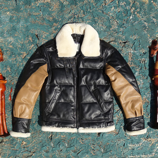 B3款羽绒服拼白色羊皮毛一体日本兵库金属光泽植鞣牛皮保暖舒适款