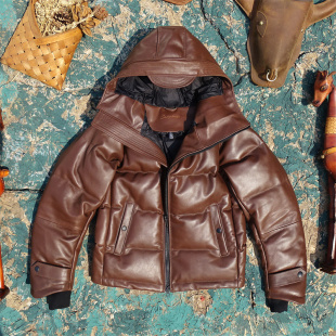 日版连帽斜拉链马蹄袖进口头层牛皮真皮皮衣男羽绒服冬季保暖