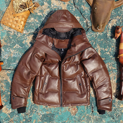 日版连帽斜拉链马蹄袖进口头层牛皮真皮皮衣男羽绒服冬季保暖