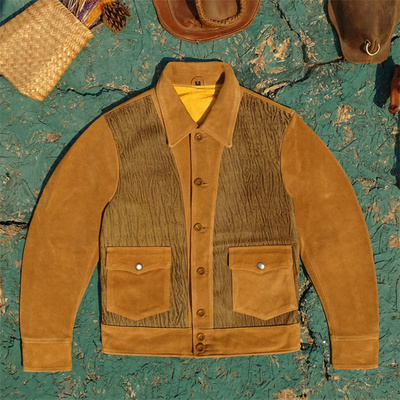 断码甩！【双拼皮料】磨砂拼反绒牛皮真皮皮衣男1920S美式农场主