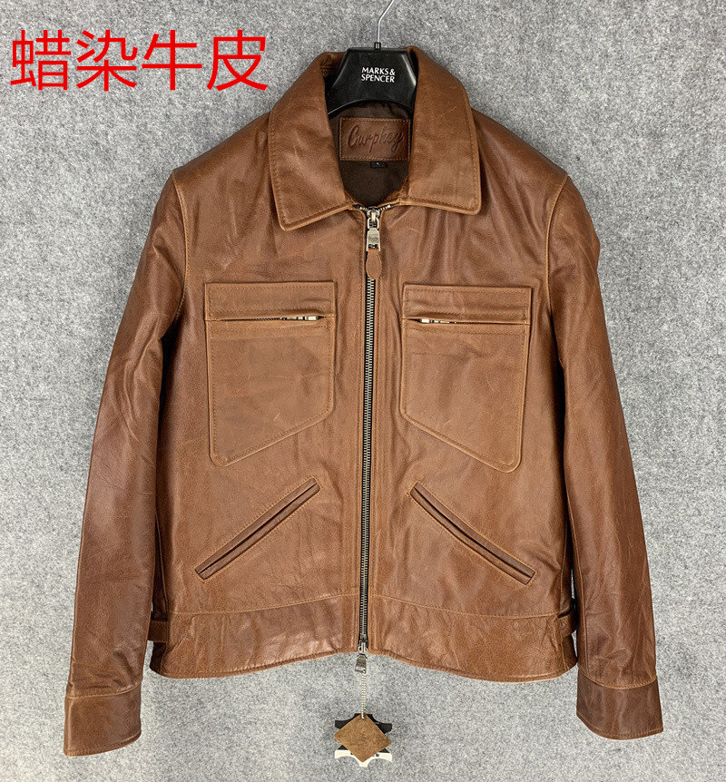 新款翻领商务修身进口蜡染头层牛皮真皮皮衣男款夹克外套短款