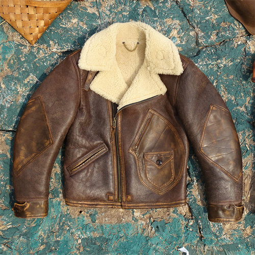 D3斜拉链款！RL经典原生态羊皮毛一体真皮皮衣男美式复古龟裂做旧