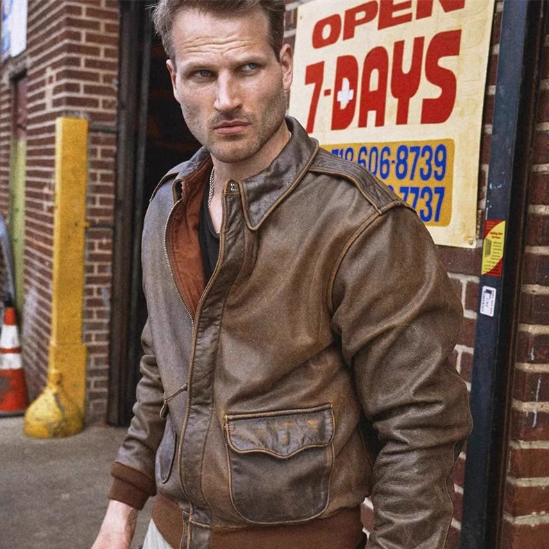 美版A2！美国进口磨砂头层牛皮真皮皮衣男重水洗手工做旧软糯舒适